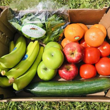 Essentials box with bananas, apples, tomatoes, cucumber, oranges and lettuce