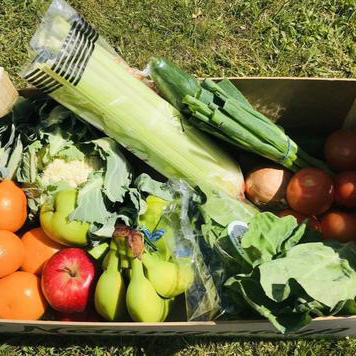 Middle box with bananas, apples, spring onions, celery, lettuce, oranges, cauliflower, onions